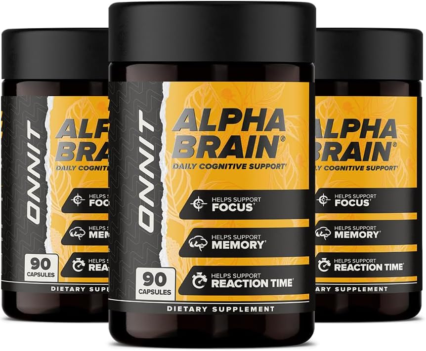 ONNIT Alpha Brain Cápsulas Nootrópicas para Hombres y Mujeres, Memoria, Enfoque y Claridad Mental, con L-Theanina y Vitamina B6, 90 Cápsulas Cada Una, Paquete de 3 (270 Cápsulas)