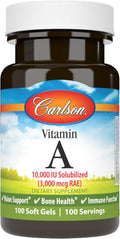 Carlson - Vitamina A Solubilizada, 10000 UI (3000 mcg EAR), Hidrosoluble, Salud Visual, 100 Cápsulas Blandas