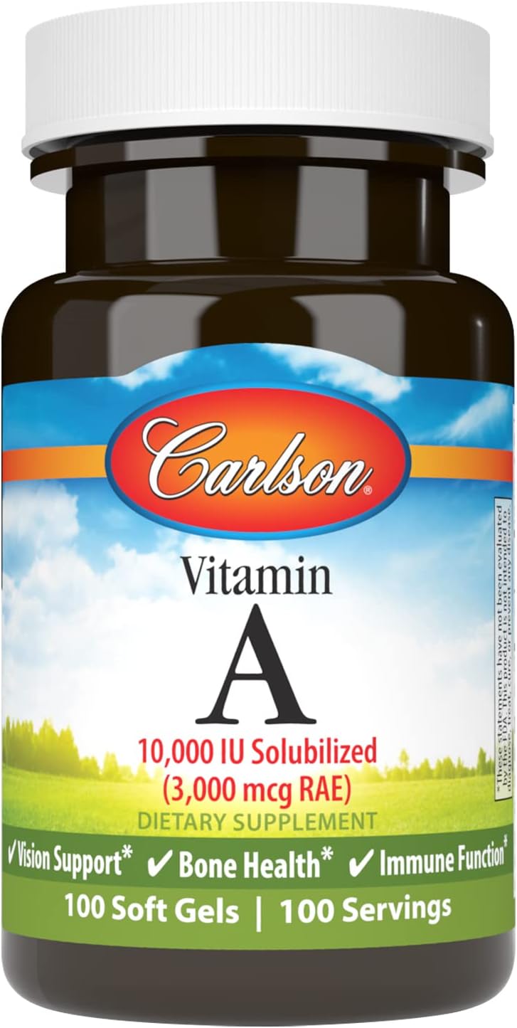Carlson - Vitamina A Solubilizada, 10000 UI (3000 mcg EAR), Hidrosoluble, Salud Visual, 100 Cápsulas Blandas