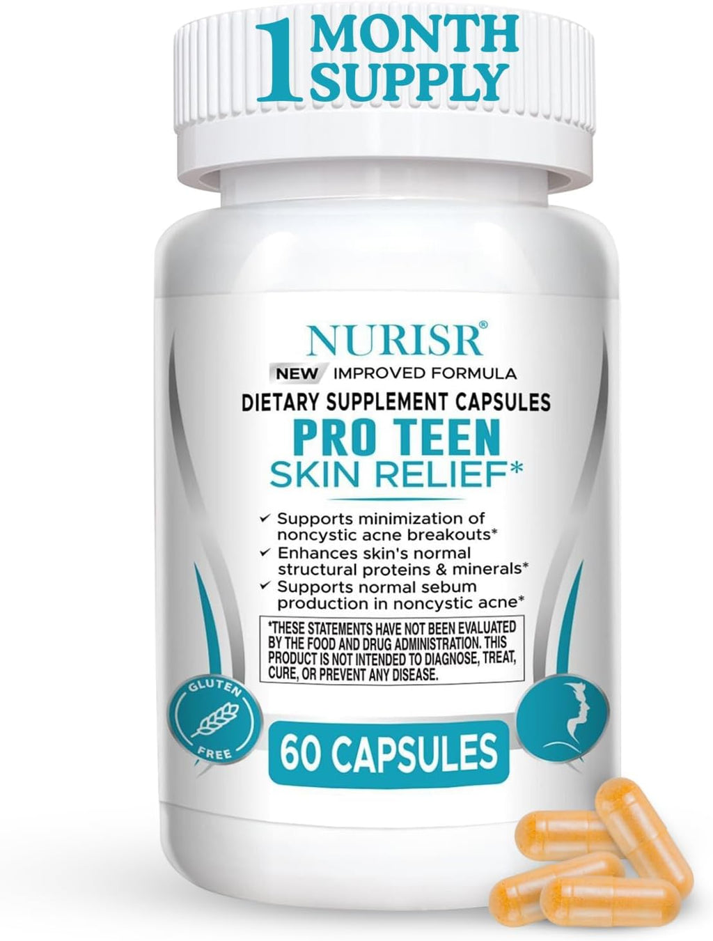 Acné Suplemento para Adolescentes con Vitaminas A, B, C, E y Biotina para una Piel Clara y Radiante, Apoya la Producción Equilibrada de Grasa - Sin Gluten, 60 Cápsulas