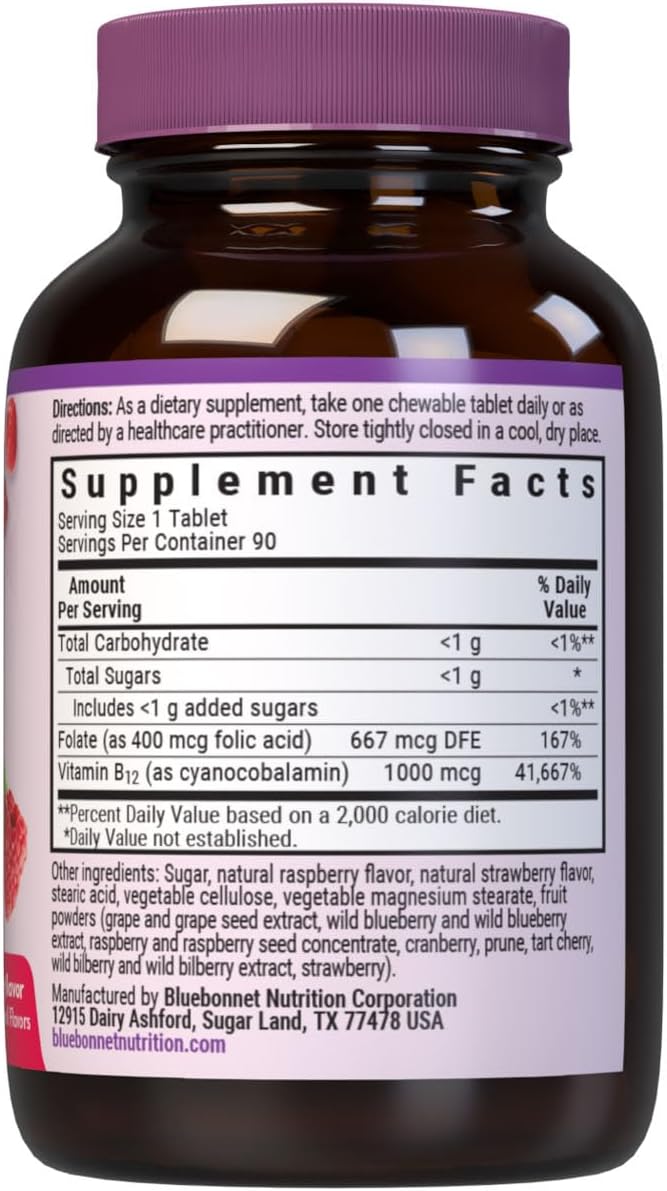 Bluebonnet Nutrition Earth Sweet Vitamin B12 and Folic Acid Chewable Tablets, Raspberry Flavor, 90 Count