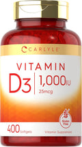 Carlyle Vitamina D3 1000IU | 25 mcg | 400 Cápsulas Blandas | Alta Potencia | No-GMO y Sin Gluten