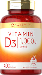 Carlyle Vitamina D3 1000IU | 25 mcg | 400 Cápsulas Blandas | Alta Potencia | No-GMO y Sin Gluten