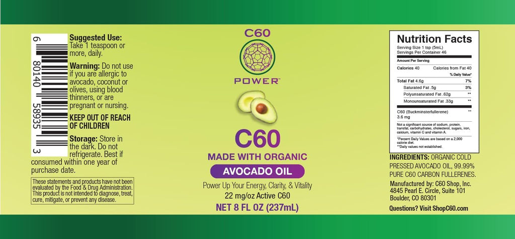 C60 Power con Aceite de Aguacate Orgánico - Fullerenos de Carbono 99,99% Puros - 236 ml
