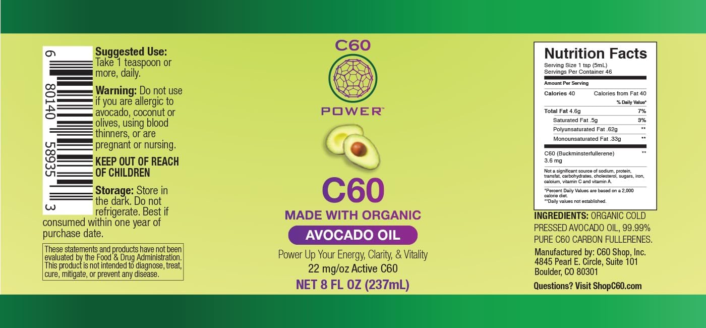 C60 Power con Aceite de Aguacate Orgánico - Fullerenos de Carbono 99,99% Puros - 236 ml