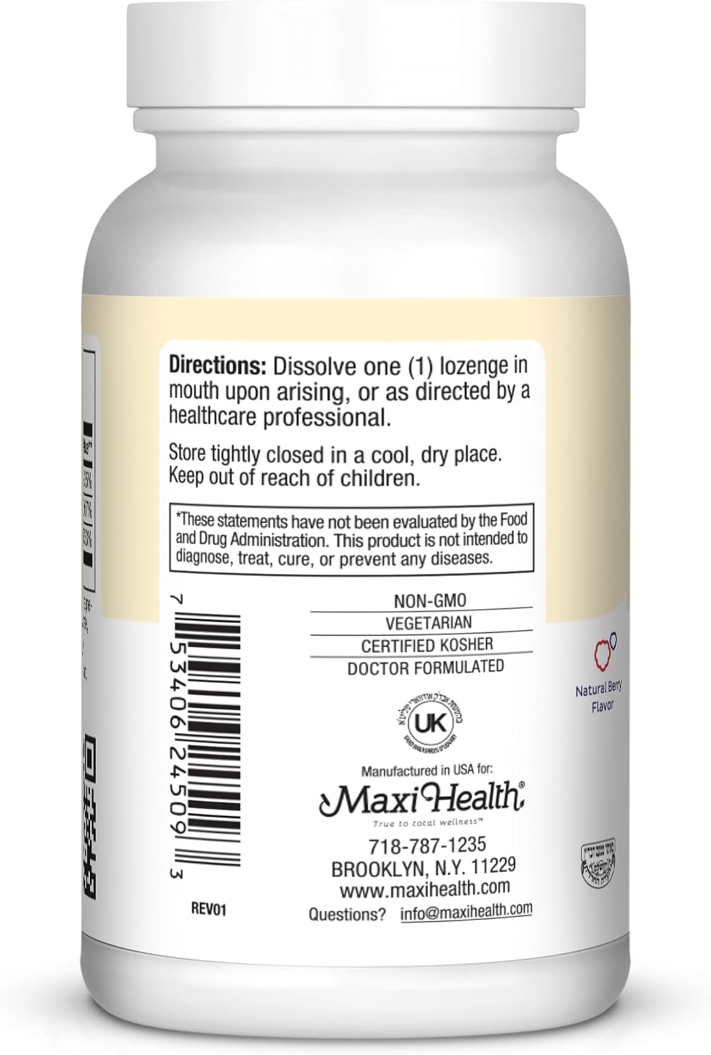 Maxi Health Triple B Lozenges - Vitamina B12, B6 y Biotina - Sabor Fresa - 90 Comprimidos Masticables - Kosher