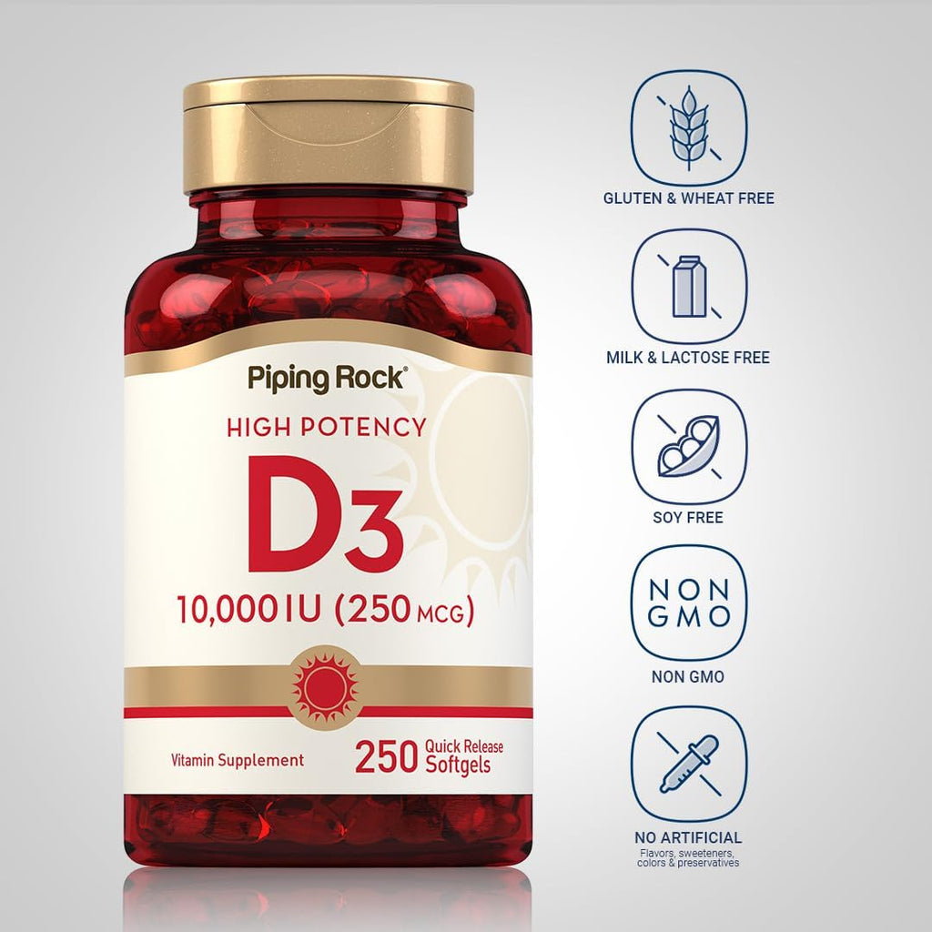 Piping Rock Vitamina D3 10000 UI | 250 mcg | 250 Cápsulas Blandas | Alta Potencia | Sin OGM y Sin Gluten
