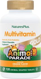 NaturesPlus Animal Parade Gold Children's Chewable Multivitamin - Natural Cherry Flavor - 120 Animal-Shaped Tablets - with Vitamin D3, K2 & Probiotics - Gluten-Free & Vegetarian - 60 Servings