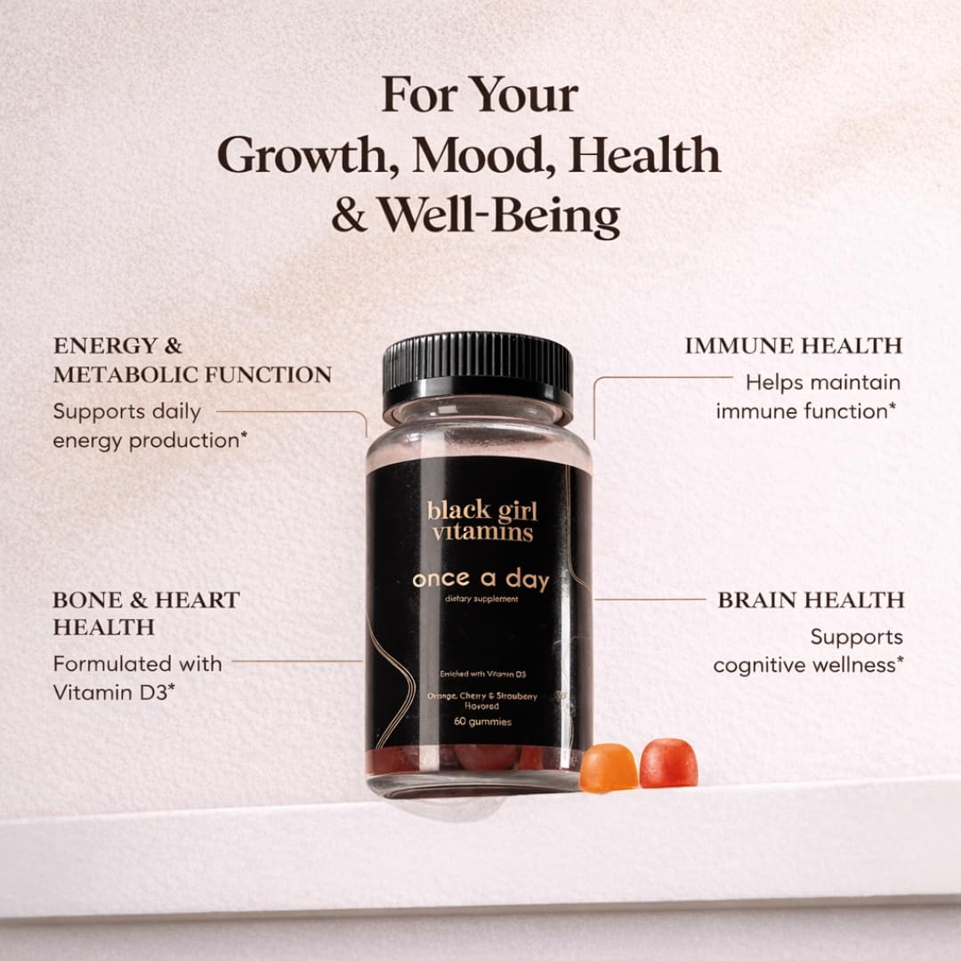 Black Girl Vitamins Once a Day - Multivitamínico en gominolas para mujeres - Vitaminas A, B, C, E y Zinc - Vegano, Sin Gluten - 30 Días (Fresa)