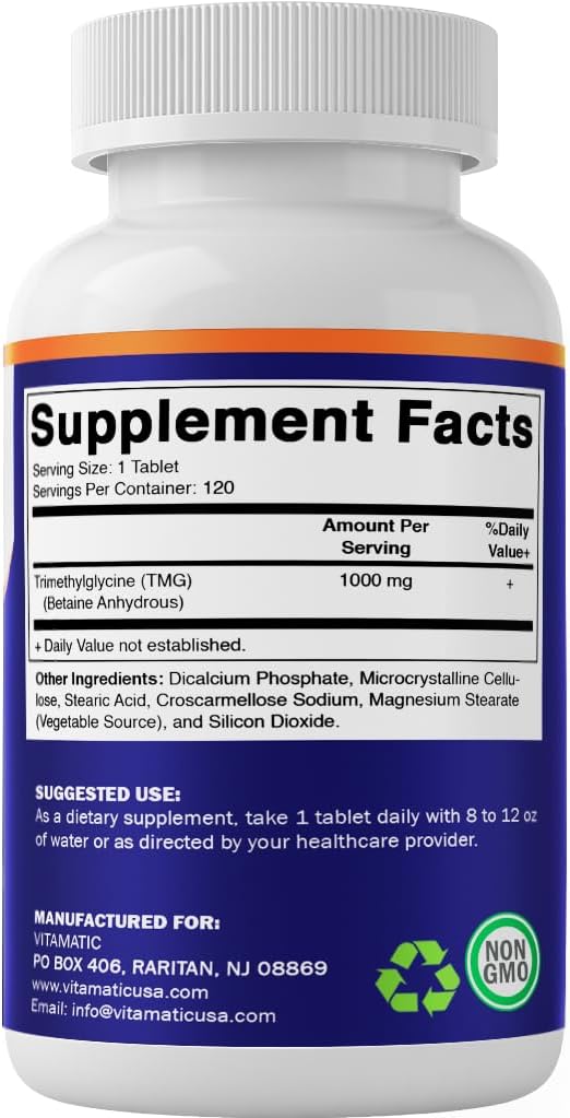 Vitamatic TMG 1000mg - Betaina Anhidra - 120 Comprimidos (3 Botellas)