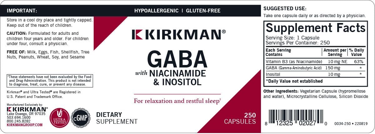 GABA 150 mg con Niacinamida e Inositol - Hipoalergénico, 250 cápsulas
