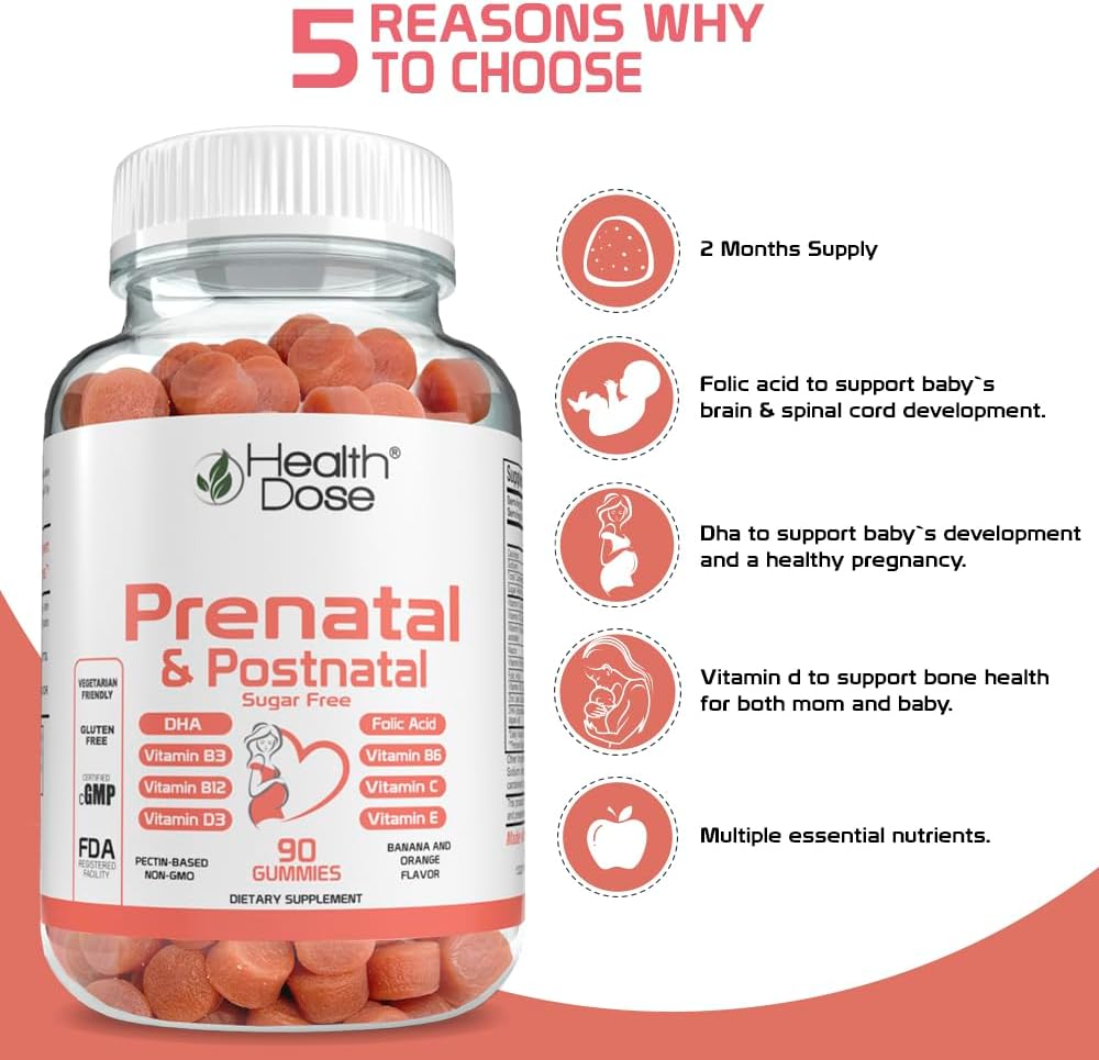 Health Dose Complejo Prenatal/Postnatal, Gominolas con Vitamina B6, B12, C, Zinc, 90 unidades