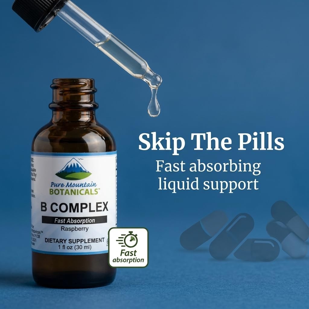 Pure Mountain Botanicals Complejo B Líquido - Vitaminas B12 y B6 - Sabor Frambuesa - Kosher No GMO - 30 Dosis
