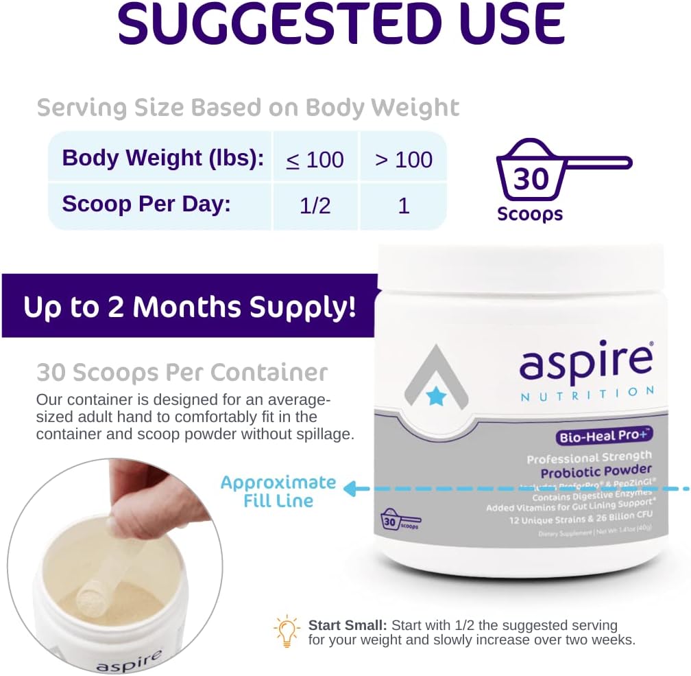 Aspire Nutrition Bio-Heal Pro+ 6-en-1 Probiótico en Polvo – Fórmula Diaria para Mujeres, Hombres y Niños – 30 Días