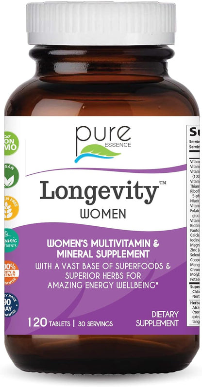 Pure Essence Longevity para Mujeres +40 - Multivitamínico con Superalimentos y Minerales - 90 Comprimidos – Image 1