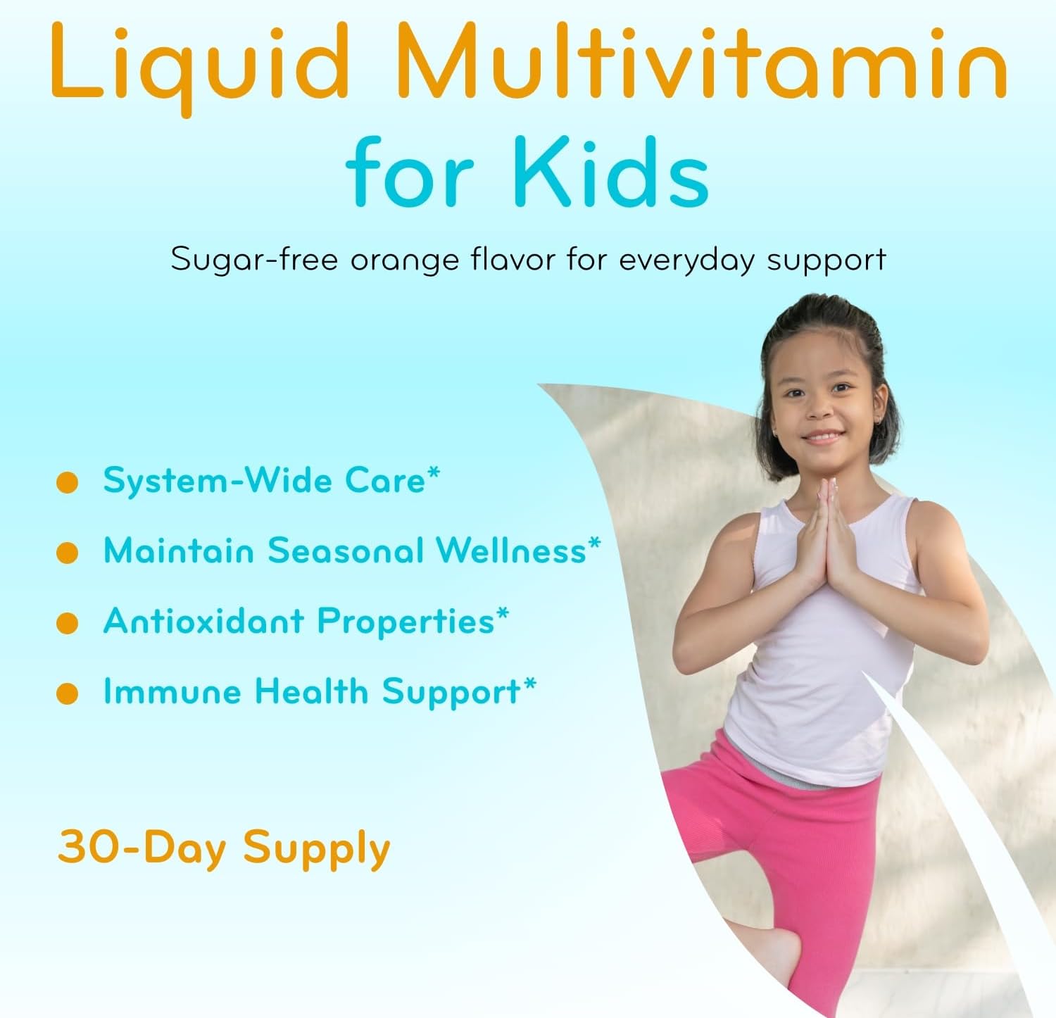Multivitamínico Líquido Sin Azúcar para Niños - Vitaminas A, C, D, E, Complejo B + Quercetina - Sabor Naranja - 1 Mes