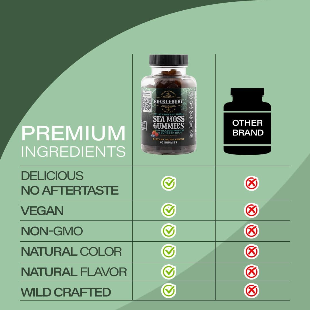 BUCKLEBURY Gominolas de Sea Moss Irlandés con Bladderwrack y Burdock Root - Complemento Alimenticio Vegano - 60 Gominolas