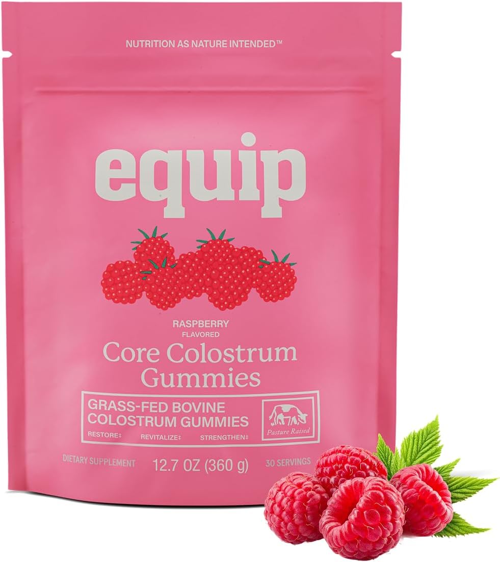 Equip Foods Core Bovine Colostrum Gummies - 60 Gominolas de Calostro Bovino, 1g por Ración, Sabor Frambuesa