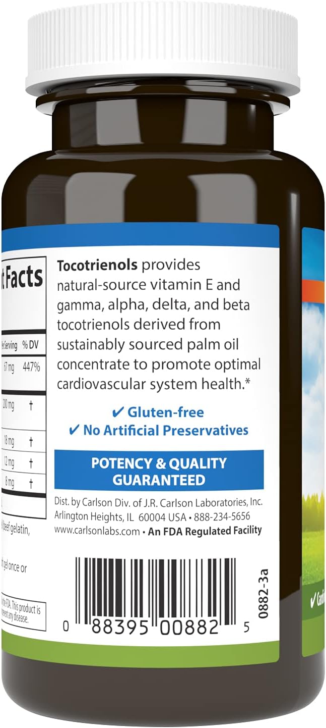 Carlson - Tocotrienoles, 40 mg, con vitamina E de fuente natural, gamma, alfa, delta, beta, de origen sostenible, 180 cápsulas blandas
