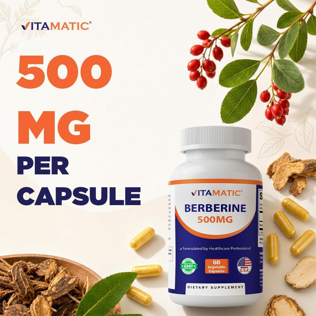 Vitamatic Berberine 500mg - 180 Cápsulas Veganas - Suplemento de Berberina