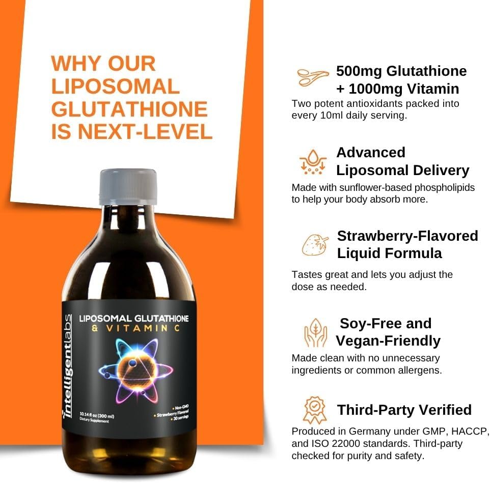 Intelligent Labs Glutatión Liposomal + Vitamina C, 500 mg + 1000 mg por dosis, 30 dosis, Sin Soja