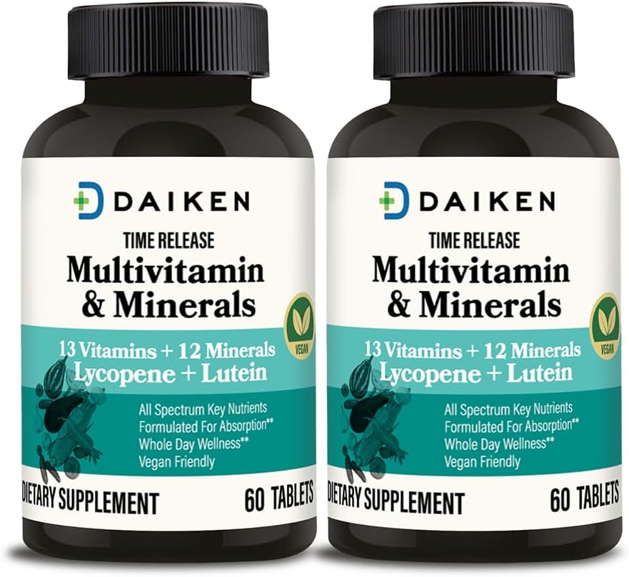 DAIKEN Mini Multivitamin, 60 Comprimidos, con Luteína, Licopeno y Ácido Fólico, Multivitamínico de Liberación Prolongada para Mujeres y Hombres, Vegano y Fácil de Tragar (Pack de 2)