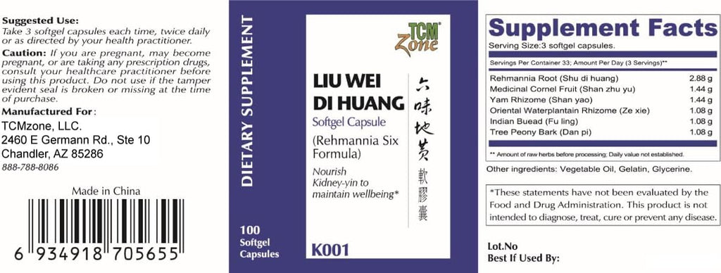 TCM ZONE Lui Wei Di Huang Cápsulas Blandas - Fórmula de Seis Hierbas (100 Cápsulas)