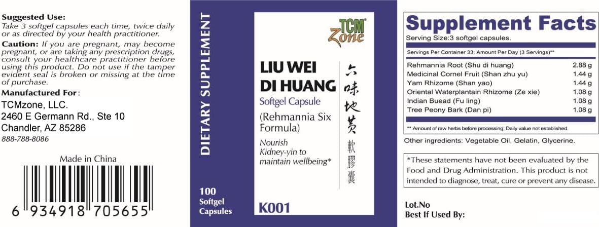 TCM ZONE Lui Wei Di Huang Cápsulas Blandas - Fórmula de Seis Hierbas (100 Cápsulas)