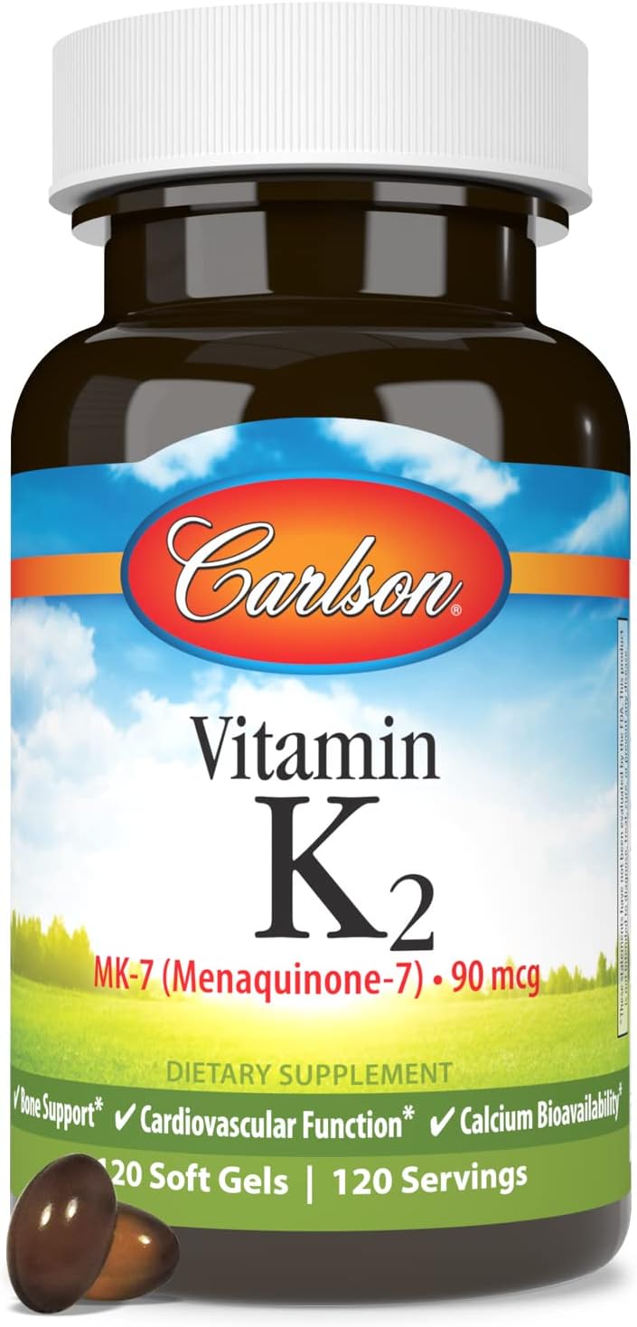 Carlson - Vitamina K2 MK-7 (Menaquinona) 90 mcg, Apoyo Óseo, Biodisponibilidad de Calcio, 120 Softgels