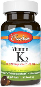 Carlson - Vitamina K2 MK-7 (Menaquinona) 90 mcg, Apoyo Óseo, Biodisponibilidad de Calcio, 120 Softgels