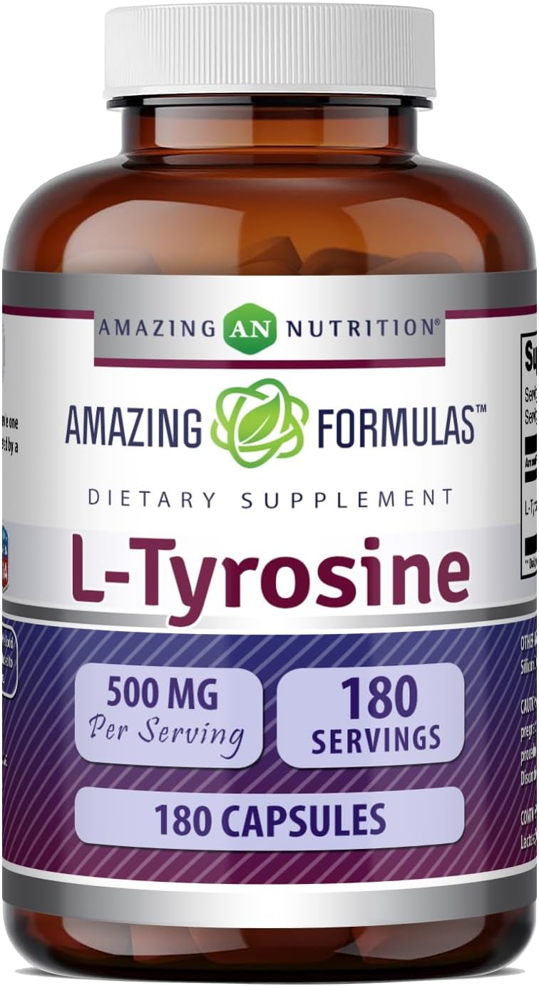 Amazing Formulas L-Tirosina 500 mg Cápsulas - Suplemento de Aminoácido (3 Envases | 180 Cápsulas)