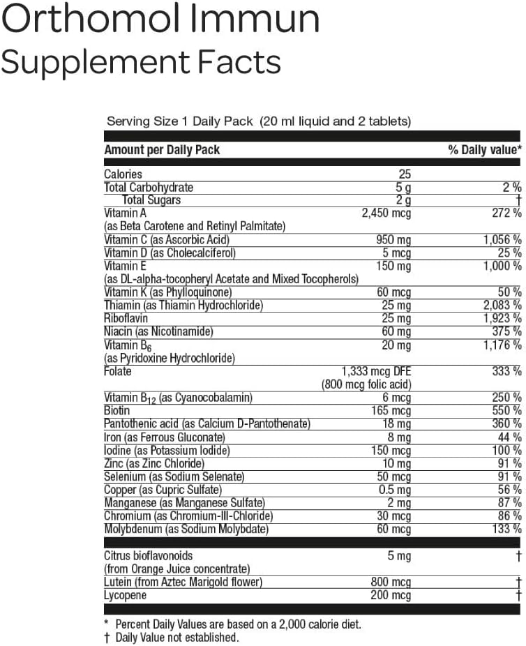 Orthomol Immun - Complemento Alimenticio para el Sistema Inmunitario con 25 Nutrientes, 30 Unidades