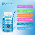 Riyuetian Biotin Gummies 15000mcg con Colágeno - Gomitas para Cabello, Piel y Uñas - Vegano, Sin OGM - 60 unidades