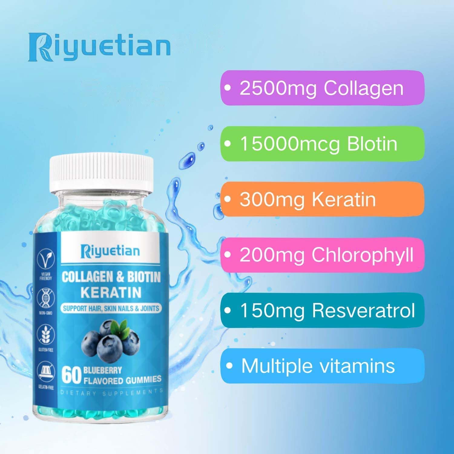 Riyuetian Biotin Gummies 15000mcg con Colágeno - Gomitas para Cabello, Piel y Uñas - Vegano, Sin OGM - 60 unidades