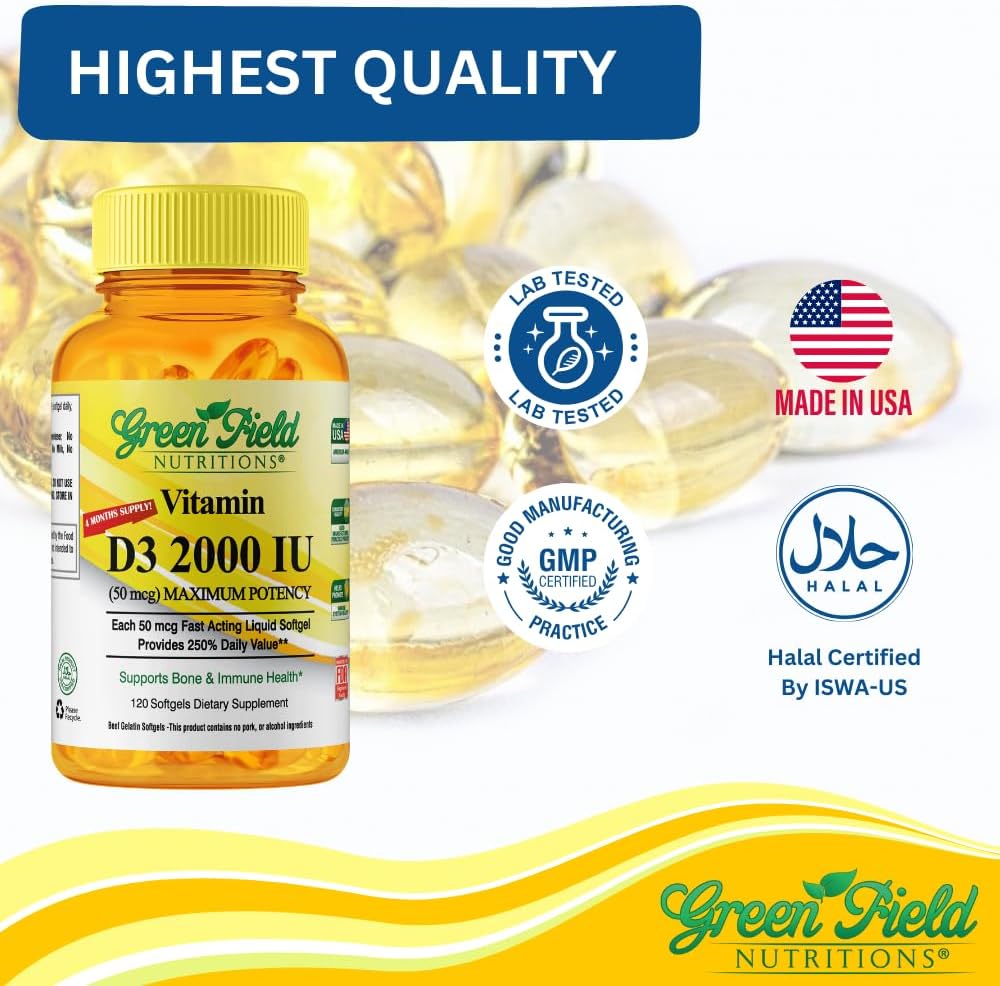 Greenfield Nutritions Vitamina D3 2000 UI Halal - 50 mcg, 120 Perlas Blandas