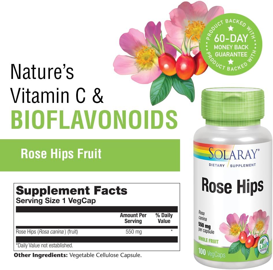 Solaray Rose Hips 550 mg - Escaramujo Natural en Cápsulas, Fuente de Vitamina C y Bioflavonoides, Apoyo Herbal - 100 Cápsulas Veganas