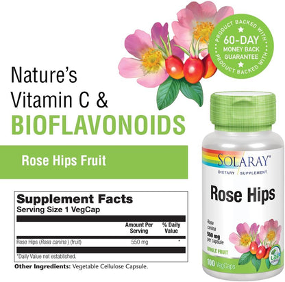 Solaray Rose Hips 550 mg - Escaramujo Natural en Cápsulas, Fuente de Vitamina C y Bioflavonoides, Apoyo Herbal - 100 – Image 3