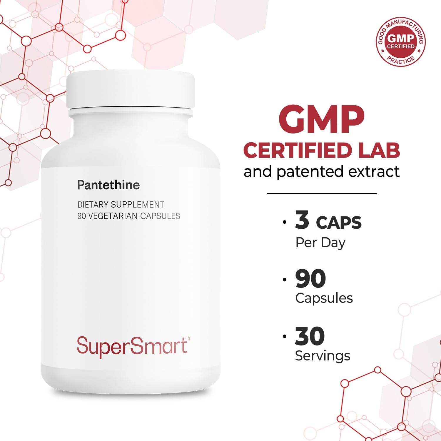 Supersmart Pantesin Pantethine 600 mg - Ácido Pantoténico Activo - 90 Cápsulas Vegetales