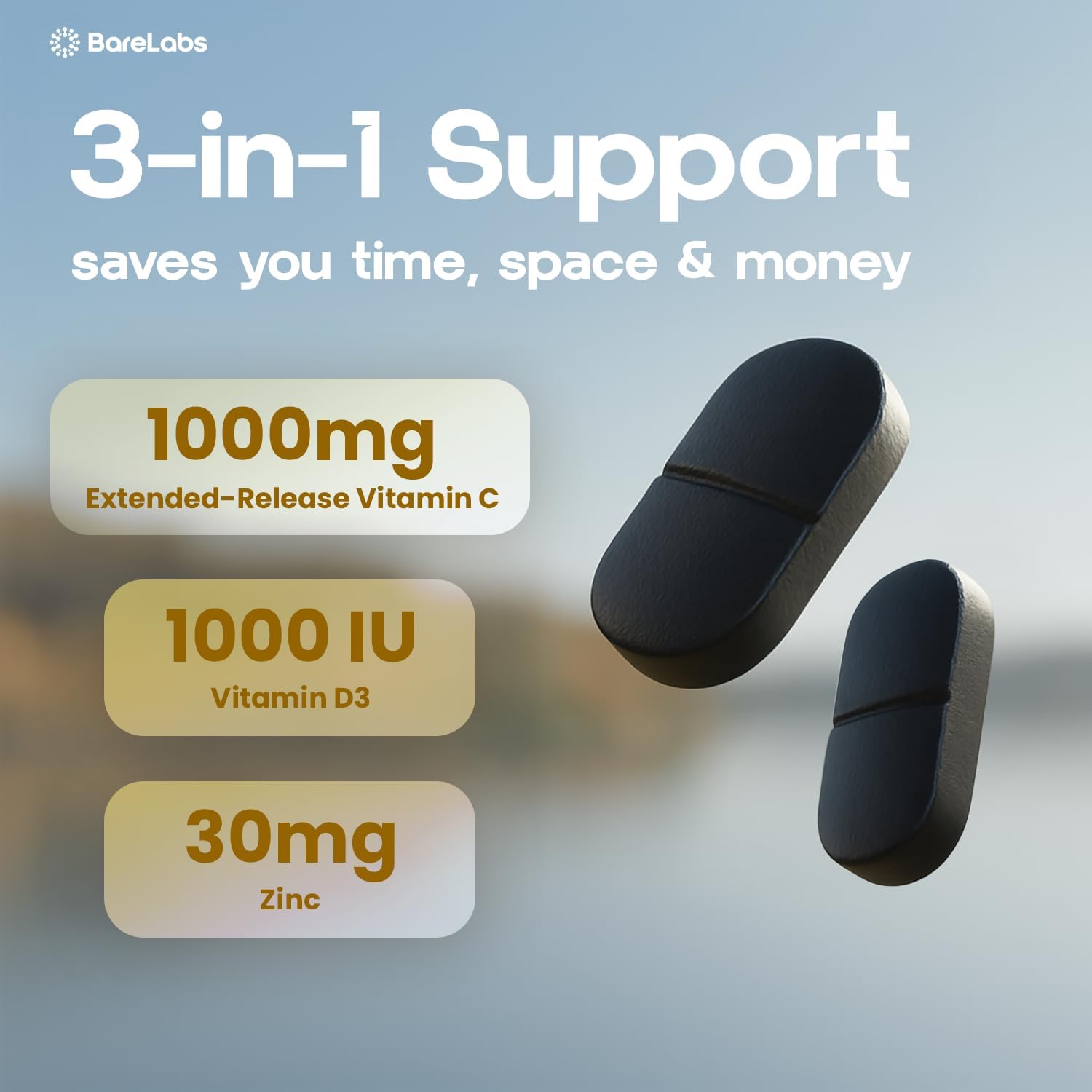 BareLabs Super C – Vitamina C 1000 mg + Vitamina D3 1000 UI + Zinc 30 mg, 120 Comprimidos de Liberación Prolongada