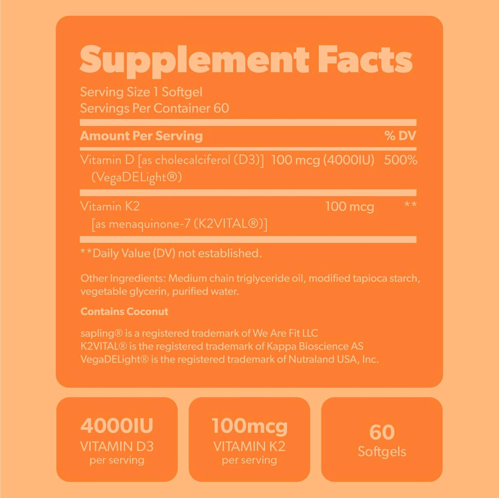 Sapling Vitamin D3 + K2 Vegano - 4000 UI D3 y 100 mcg K2 (MK-7) - Absorción de Calcio y Salud Ósea - 60 Cápsulas Blandas
