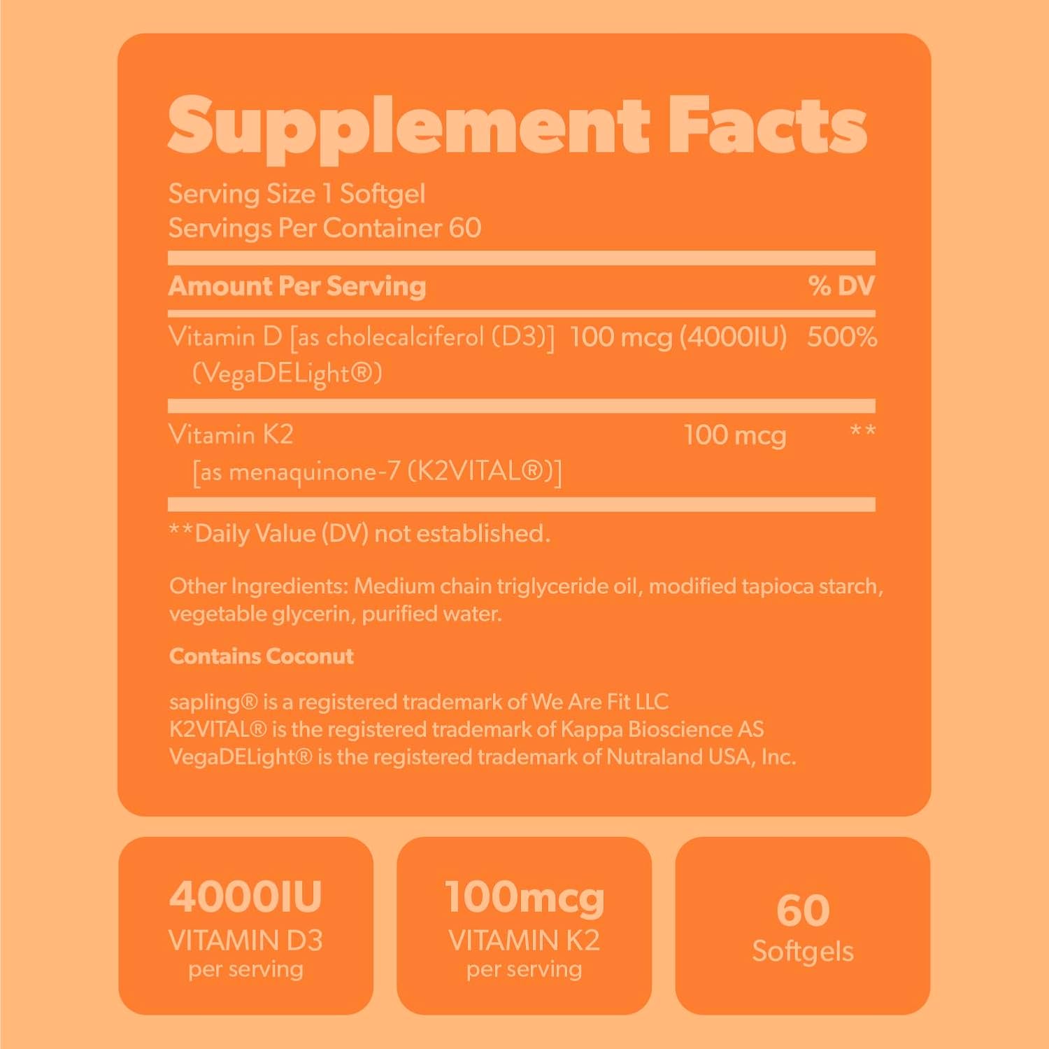 Sapling Vitamin D3 + K2 Vegano - 4000 UI D3 y 100 mcg K2 (MK-7) - Absorción de Calcio y Salud Ósea - 60 Cápsulas Blandas