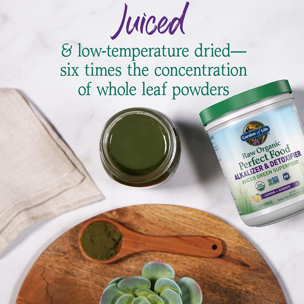 Garden of Life Raw Organic Perfect Food Alkalizer y Detoxifier, Sabor Limón Jengibre, Polvo Superfood, 30 Porciones