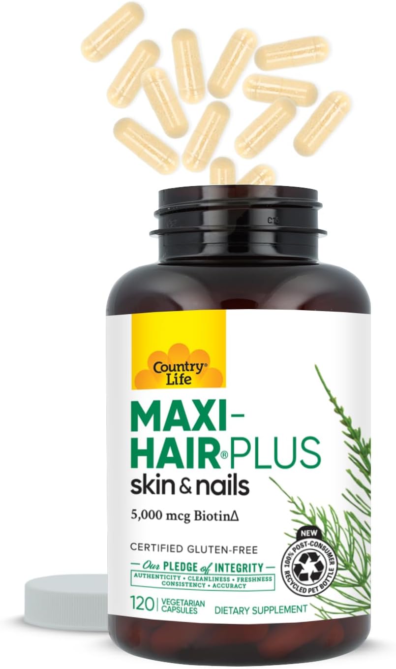 Country Life Maxi-Hair Plus - Biotina 5000 mcg para Cabello, Piel y Uñas - 120 Cápsulas Vegetales