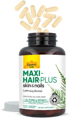 Country Life Maxi-Hair Plus - Biotina 5000 mcg para Cabello, Piel y Uñas - 120 Cápsulas Vegetales
