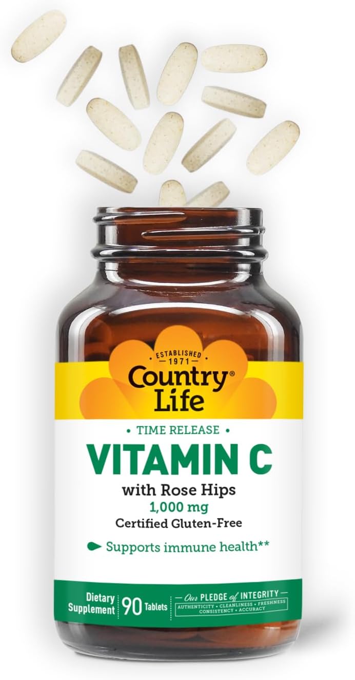 Country Life Vitamina C 1000 mg con Escaramujo – Liberación Prolongada – 90 Comprimidos