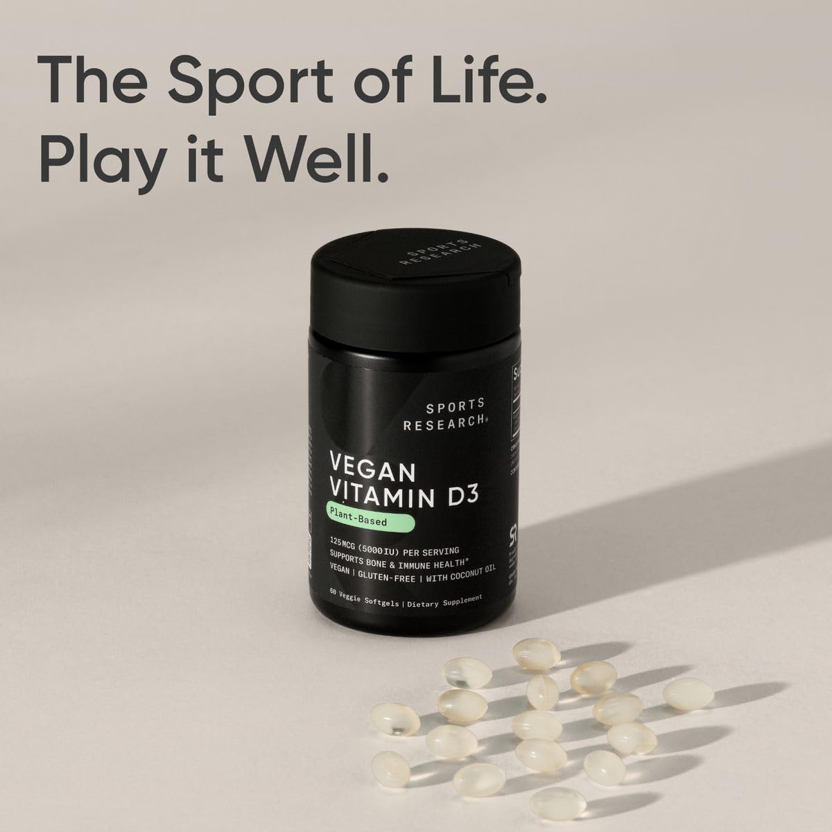 Sports Research Vitamina D3 Vegana 5000 IU (125 mcg) con Aceite de Coco - 60 Softgels