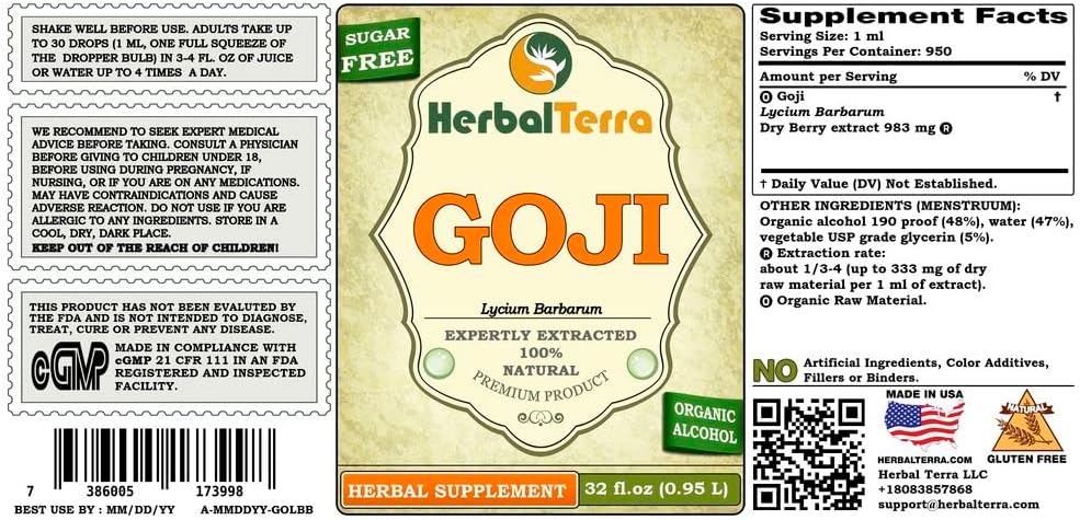 Tintura de Goji (Lycium Barbarum) de Bayas Secas, Extracto Líquido 950 ml | HerbalTerra