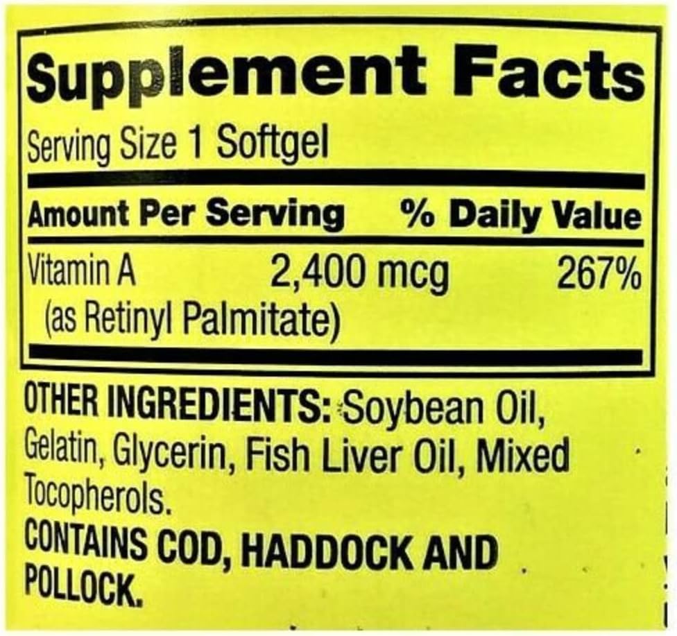 Suplemento de Vitamina A 2400 mcg - 250 Cápsulas Blandas