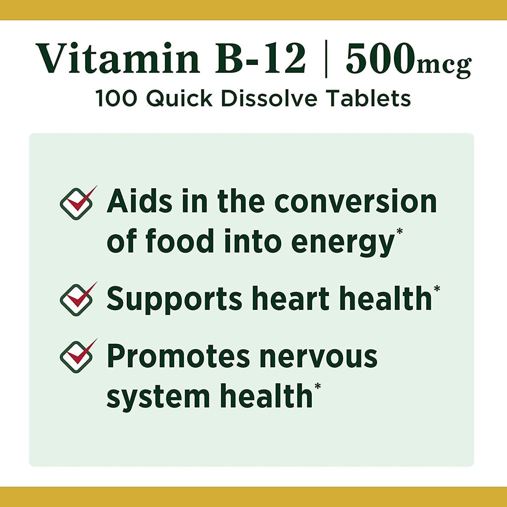 Nature's Bounty Vitamina B12 500 mcg, Comprimidos Sublinguales, 100 Unidades (Pack de 2)