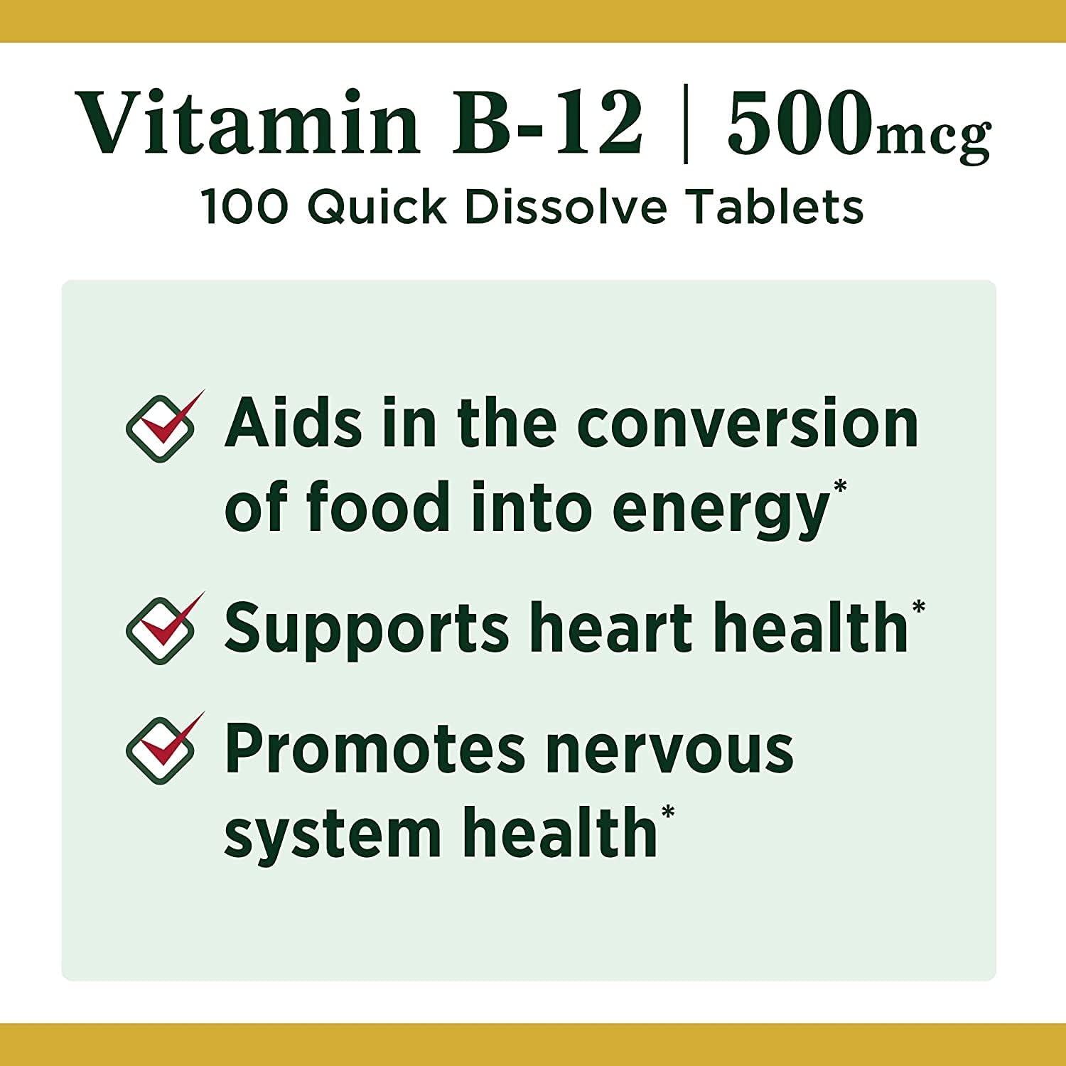 Nature's Bounty Vitamina B12 500 mcg, Comprimidos Sublinguales, 100 Unidades (Pack de 2)